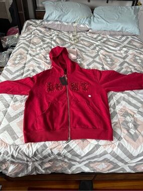 Lost Intricacy Men’s Red Rhinestone Zip-Up Hoodie Size Large